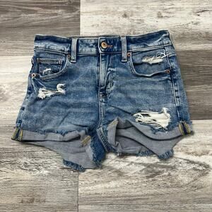 American‎ Eagle Blue Womens 2 Stretch Distressed Cut Off Denim High Rise Shorts